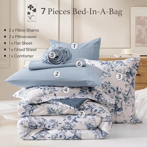 BLOOMHAVEN Full Comforter Set -7 Pieces Floral Blue Comforter Set for All Seasons, Bed in a Bag Full with Botanical Flowers Comforter, Sheets, Pillowcases & Shams thumbnail 8