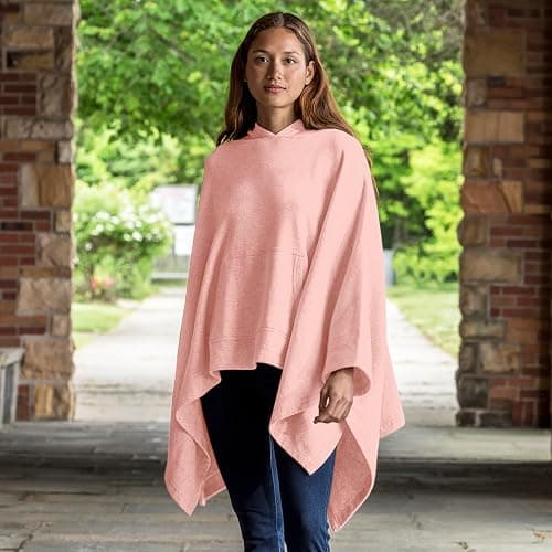 MV Sport Women's Sweatshirt Blanket Poncho Hoodie/Cozy Fleece Pullover Ponchos/Warm Hooded Cape for Women - One Size - Cameo Pink thumbnail 5