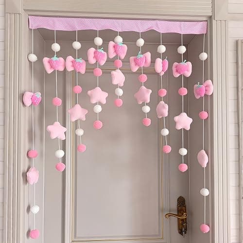 Kynthyre Cute Plush Curtain for Door Window Wall 33" W x 35" L Self-Adhesive Pink Strawberry Kawaii Curtain for Living Room and Bedroom Decor - Image 1