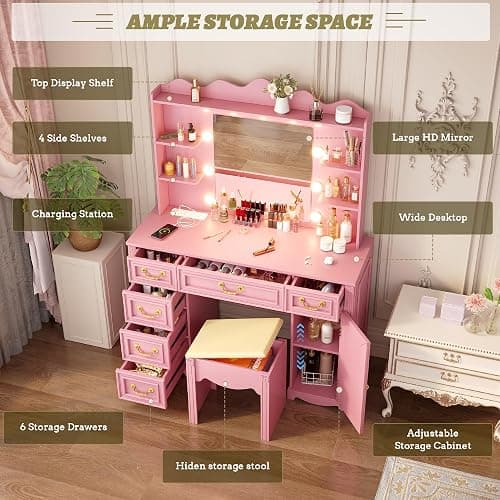 Vlsrka Vanity Desk with Large Mirror and Lights, 43.3" Makeup Vanity Desk with Charging Station and 6 Drawers, Makeup Dressing Table with Storage Stool for Bedroom (Pink) thumbnail 5
