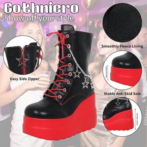 Gothniero Platform Goth Ankle Boots for Womem Black Holographic Combat Chunky Heel Boots with Side Zip Lace Up Wedge Booties US5.5-11 thumbnail 4