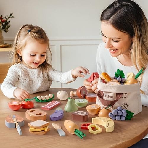 ROBUD Wooden Toy Food Set, Cutting Toy Food for Pretend Play Kitchen Accessories Toyfood Playset with Storage Bag, Toys Gifts for 3+ Year Old Girls Boys thumbnail 11