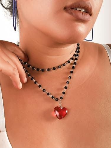 Sacina Goth Y2k Red Heart Necklace, Layered Black Beaded Heart Choker, Gothic Emo Grunge Y2k Necklace, Valentine Gift, Halloween Christmas Jewelry Gift For Women thumbnail 2
