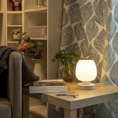 ONEWISH Small Bedside Lamp for Bedroom, 3-Way Dimmable Touch Control, 600 Lumen Bright Opal Glass Shade, 7.5 Inch Ultra Compact Nightstand Lamp, Warm White 2700K LED Bulb Included, Modern Design thumbnail 5
