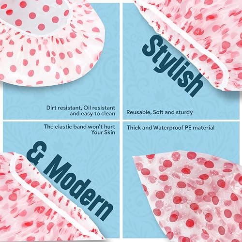 Nimxy Pack of 4 Shower Cap, Reusable Shower Caps For Women & Men - Waterproof with Elastic Band & Soft Lining (Dotted) thumbnail 3