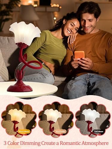 AQDZCNF Flower Table Lamp,LED Reading Light Bedside Vintage Flower Night Light,3 Colors Modes Kawaii Bedside Lamps Decor,Living Room Bedroom Room Lighting Table Lamps Home Decoration (Red) thumbnail 2