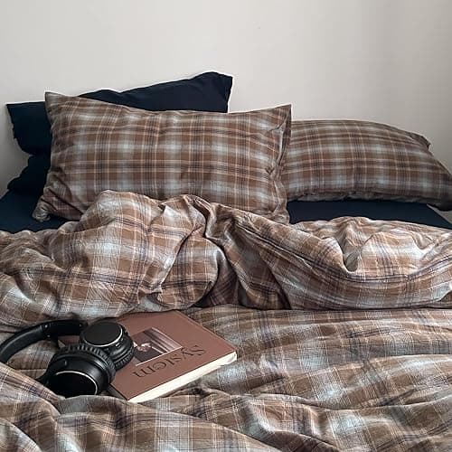EAVD Vintage Buffalo Plaid Duvet Cover King 100% Washed Cotton Brown&Blue | 3-Piece Aesthetic Bedding Set, Reversible Gingham Pattern, 1 Duvet Cover with 2 Pillowcases, Retro Farmhouse, Zipper Closure thumbnail 3