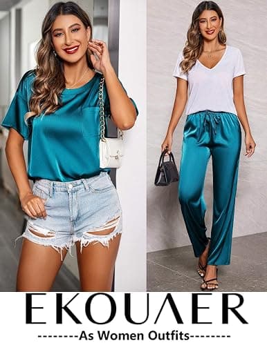 Ekouaer Womens Satin Silky Pajama Set Short Sleeve Shirt with Long Pajama Pant Set Soft PJ Loungewear thumbnail 5