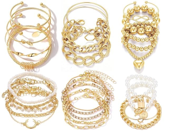 IFKM 6 PACK (24 PCS) Boho Gold Chain Bracelets Set for Women, 14K Gold Plated Multiple Layered Stackable Open Cuff Wrap Bangle Adjustable Link Italian Cuban Jewelry for Women Gift - Image 1
