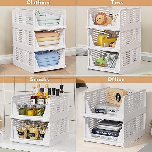caktraie 4 Pack Stackable Closet Storage Basket - Stackable Storage Bins, Multifunctional & Foldable Closet Organizer Divided, Wardrobe Cupboard Space-Saving Clothes Storage Hat Organizer, White thumbnail 5