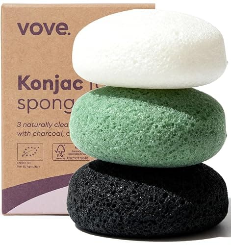 Vove Organic Konjac Facial Sponges 3-Pack - Natural Face Exfoliating Sponges with Bamboo Charcoal & Green Clay, Gentle Cleansing for All Skin Types, Natural Vegan Skincare, Certified Organic - Image 1