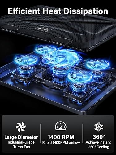 Kootek Laptop Cooling Pad, Laptop Cooler with 5 Quiet Fans for 12"-17" Computer PC Notebook Gaming Laptop Fan, Height Adjustable Laptop Cooling Stand Laptop Accessories, Blue thumbnail 2