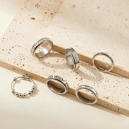 LOFITOR Fidget Rings for Anxiety 6pcs Stainless Steel Spinner Ring Anti Anxiety Ring Spinning Moon Star Cool Stress Relieveing CZ Rings for Women Men Band Rings Set thumbnail 2