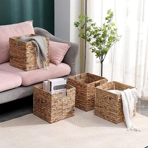 12x12in Storage Baskets Set of 4 Water Hyacinth Baskets,Foldable Handwoven Storage Cubes,Wicker Cube Baskets Laundry Organizer Totes for Home thumbnail 2