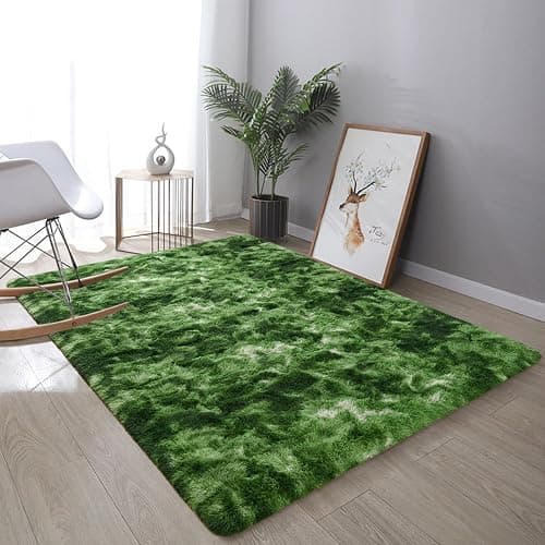 DweIke Fluffy Dark Green Rugs for Bedroom Living Room, 4x6 Feet Soft Plush Shaggy Tie-Dyed Forest Moss Green Girls Boys Kids Rug, Non-Slip and Machine Washable Carpet for Dorm Nursery Decor thumbnail 8