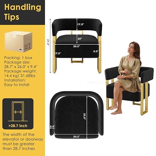 STHOUYN Modern Black and Gold Accent Chair Set of 2, Boucle Bucket Chairs Set of 2, Arm Chairs for Living Room Bedroom (2, Black) - 2 - Black thumbnail 3