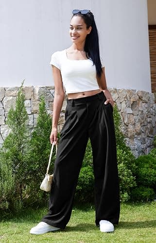 Libin Women's Wide Leg Pants 27"/29" High Waisted Waffle Knit Casual Slacks Work Pants Business Palazzo Trousers with Pockets thumbnail 7