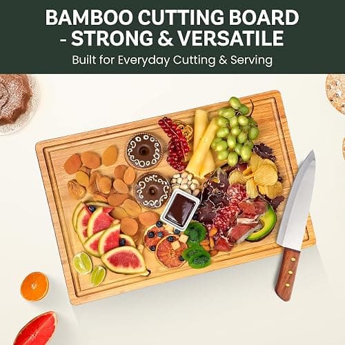 Large Bamboo Cutting Board - 17” Wooden Chopping Block for Kitchen, Charcuterie & Cheese Board with Side Handles and Deep Juice Groove by Bambüsi thumbnail 6
