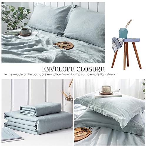 Simple&Opulence 100% Linen Duvet Cover Set 3pcs Basic Style Natural French Washed Flax Solid Color Soft Breathable Farmhouse Bedding with Button Closure - Dusty Blue, Queen - Queen - Dusty Blue thumbnail 4