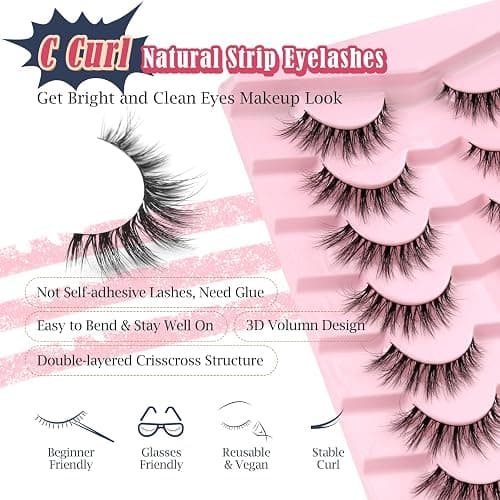 Lashes Natural Cat Eye Lashes Wispy Eyelashes 15mm False Eyelashes Wispy Lash Strips 3D Volume Fake Eyelash Thin Cotton Band Soft Eye Lash Pack 7 Pairs Siligli thumbnail 3