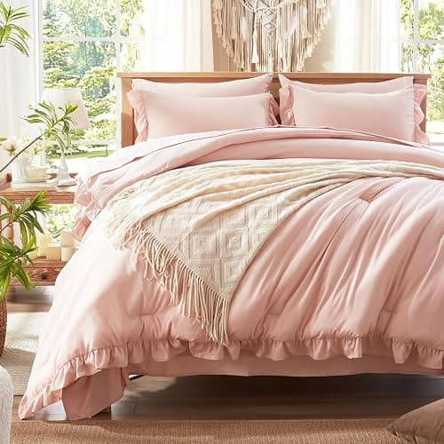 Anluoer Full Comforter Set 7 Piece, Pink Bed in a Bag with Shams, All Season Ruffle Shabby Chic Bedding Sets with 1 Comforter, 2 Pillow Shams, 2 Pillowcases, 1 Flat Sheet thumbnail 2
