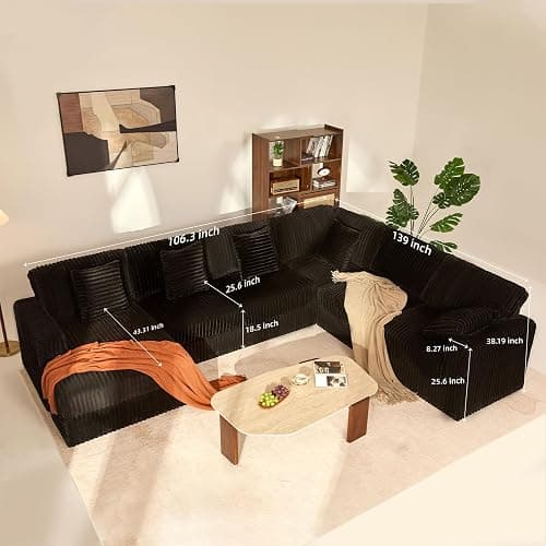 Cloud Couch 139" U-Shaped Couch, Oversized 7-Seater Modular Couch, Queen Sofa with Corduroy Upholstery, Deep Seats, High Backrest & Pocket Spring Cushions for Living Room, Left Facing Chaise, Black thumbnail 4