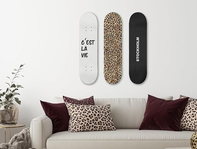 TwoDays Stockholm Style Skateboard Wall Decor - Modern Wall Mount Art Set for Men's Apartment & Dorm, Cool Cheetah Print Skate Deck, Trendy Skater Room Design (Set of 3) thumbnail 5