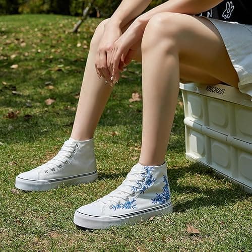 ZGR Womens High Top Canvas Sneakers,Lace-up Canvas Shoes,Casual Tennis Walking Shoes - 8.5 - Blue&white Embroidery thumbnail 6