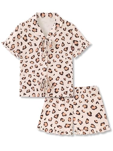 Beezizac Girls Pajamas Coat Style Trendy Print Short Sleeve Set Size 6-18 | Soft Stretch Fabric, Button-Down Top, Fixed Bow Detail, Ruffle Trim, Elastic Waist Shorts, Little & Big Girl Sleepwear - Image 1