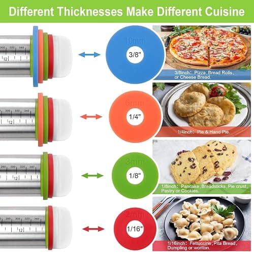 Rolling Pin with Thickness Rings and Red Silicone Baking Mat, Adjustable Stainless Steel Rolling Pins for Pasta or Sugar Decorating Cookies, Bread Making Tools Fondant Roller for Dough, Dumpling thumbnail 5