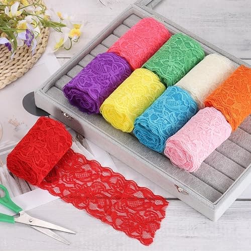 MECCANIXITY 3 Inch Wide 5 Yard Elastic Lace Ribbon Floral Pattern Dark Red Stretch Lace Trim Embroidered Fabric for Sewing Making, and DIY Crafts, Gift Wrapping, Bouquets, Wedding Decor thumbnail 2