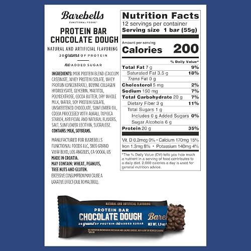 Barebells Protein Bars Chocolate Dough - 12 Count, 20g High Protein Treats - Chocolate Nutrition Bar with 1g Total Sugars - On-The-Go Breakfast or Post-Workout Snack thumbnail 2