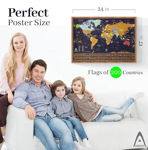 Adroit World Scratch Map of the World, Large 24x17 Scratch Off Map Poster For Travellers, with US States and Canada Provinces, Travel Map with Pins, Includes All Country Flags thumbnail 3