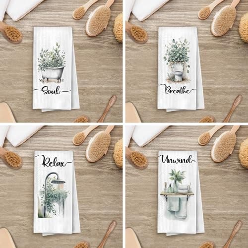 ERYBHKRTYH Sage Green Eucalyptus Bathroom Hand Towels Set, Eucalyptus Bathroom Decor, Soak Relax Breath Unwind Botanical Decorative Waffle Hand Towels, 16x24 Inches Set of 4 thumbnail 4
