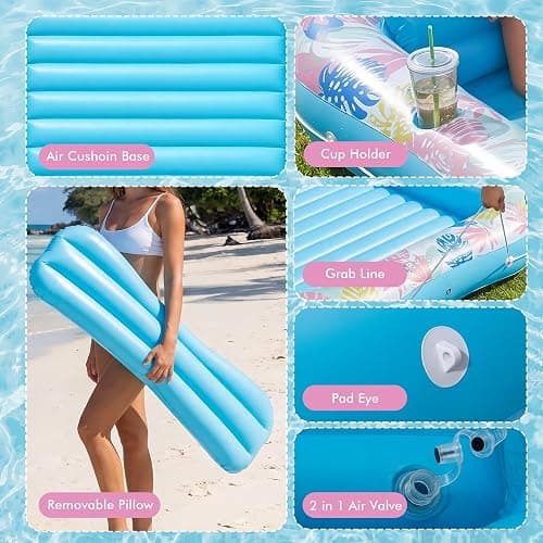 Tanning Pool Lounger Float, OKSUWATER 87" x 63" Pool Floats Adult with Headrest & Drink Holder, Blow-Up Bed Sun Tan Tub for Sunbathing, Beach, Backyard, Outdoor, Summer Water Party (Blue-XL) thumbnail 7