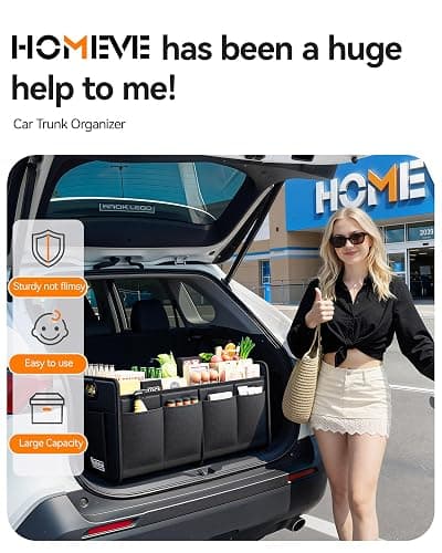 Homeve Car Trunk Organizer for SUV, 18.5Gal Large Capacity No-Sag Heavy Duty, Foldable Waterproof Anti-Slip Storage with 12 Pockets, Fit Sedan,Truck, Universal Car Accessories, Black, Large, 2 Compart thumbnail 2