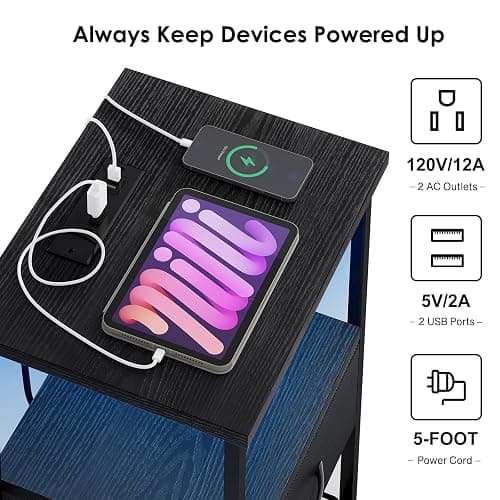 Fixwal Night Stand with Charging Station, LED Nightstand Side Table with Fabric Drawers PU Finish, End Tables Bedroom, Bedside Table, Black thumbnail 5