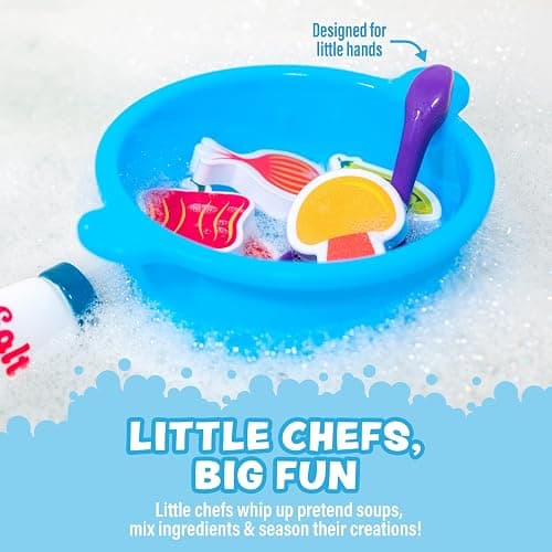 Tub Works® Tub Soup™ Scoop, Strain & Play Toddler Bath Toy | Floating Foam Veggies, Ladle for Scooping & Soup Pot for Straining | Pretend Play Cooking Kids Bath Toys | Creative Bathtub Toys thumbnail 7