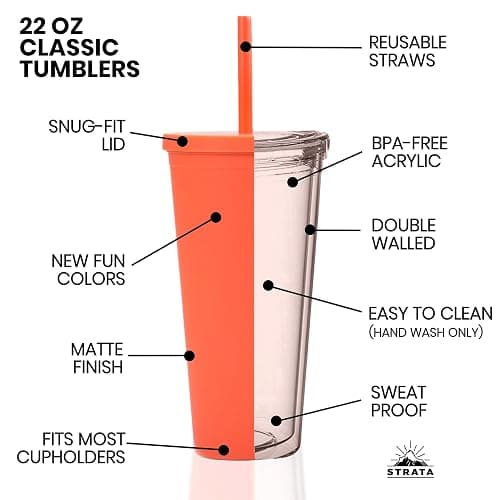 STRATA CUPS Classic Tumblers with Lids and Straws (8 pack) - 22oz Matte Pastel Colored Acrylic Tumblers with Lids and Straws, Double Wall Tumbler Bulk, Reusable Cup with Straw Cleaner (Assorted) thumbnail 6