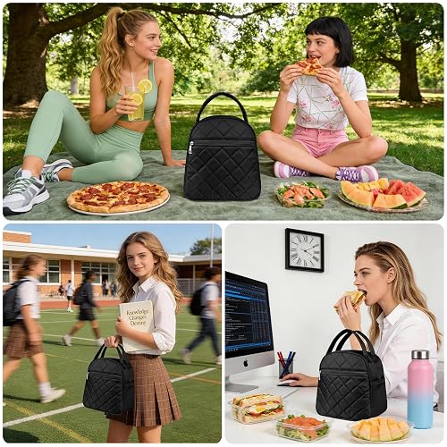 Paquesta Lunch Bag Women Stylish Quilted Lunch Boxes for Adult | Fit and Fresh Cooler Insulated Lunchbox for Work Large 11 Liters Cute Compact Lunchbag Waterproof Black thumbnail 7