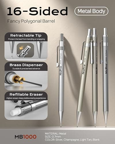 Nicpro 4 Pack Mechanical Pencil 0.7mm with Case, MB1000 Metal Mechanical Pencil Set with 6 Tube HB #2 Lead Refill 0.7 mm, 3PCS 4B Eraser, 9 Cap Eraser for Artist Drafting Writing, Sketching, Drawing thumbnail 3