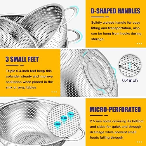 E-far Stainless Steel Colander Set of 3 (1-3-5Quart), Micro-Perforated Metal Colander Strainer with Handle for Kitchen/Draining Pasta/Rinsing Vegetables Fruits, Heavy Duty & Dishwasher Safe - 1 + 3 + 5 QT thumbnail 4