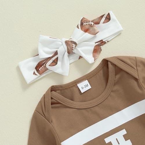 Lamuusaa Newborn Baby Girl Football Outfit Long Sleeve Romper Football Flared Pants Headband Fall Outfits 0-18M thumbnail 3
