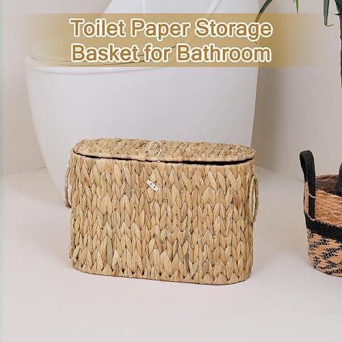 efluky Toilet Paper Storage Basket, Water Hyacinth Slim Toilet Paper Holder with Lid- Holds Up to 9 Mega Rolls, Home Bathroom Decor Organizer thumbnail 6