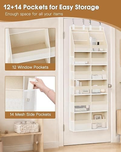 Criusia Over the Door Organizer, Extra Large 12 Compartments Closet Hanging Storage with 14 Mesh Pockets, 85lbs Capacity Behind the Door Storage for Baby Nursery, Bathroom, Bedroom, and Dorm, Beige thumbnail 5