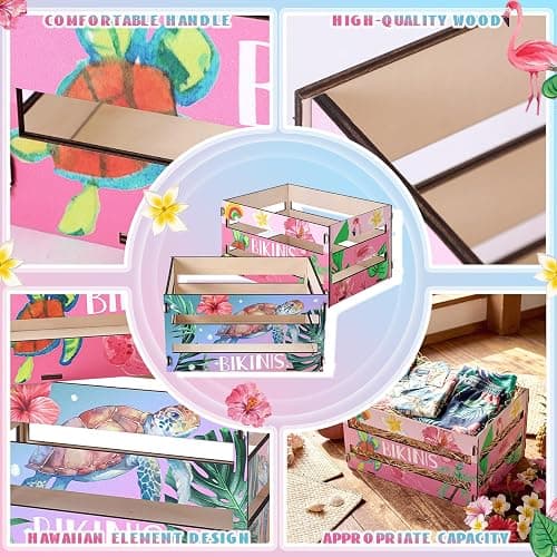 Yinkin 2 Pcs Hawaiian Bikini Wooden Crate, 11.6" x 6.3" x 7.9" Summer Tropical Beach Bikini Storage Box Palm Tree Hibiscus Wood Crates Unassembled Summer Party Supply for Beach Tropical Party Decor thumbnail 6
