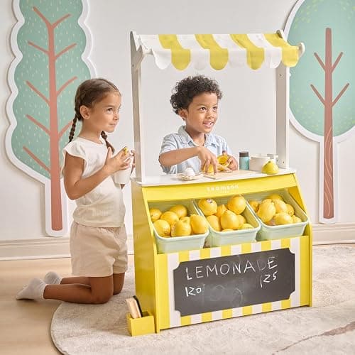 Teamson Kids Wooden Lemonade Stand, Yellow White, Age 3+ | For Toddlers, Pretend Play Grocery Shop, 18 Accessories, Juice Squeezer, Storage Bins thumbnail 6