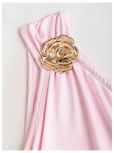 Floerns Women's Off The Shoulder Metal Floral Layered Hem Mini Dresses | Off The Shoulder, Metal Floral, Asymmetrical Neck, Ruched Waist, Layered Ruffle Hem, Mini Dresses thumbnail 4