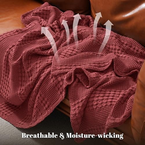 PHF 100% Cotton Waffle Weave Blanket Queen Size for Bed, Soft Lightweight & Breathable for Spring and Summer, All-Season Comfort, Luxury Aesthetic Blanket for Home Decor, 90"x90", Wine Red thumbnail 4