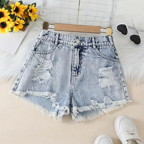 Denim Shorts Girls Summer High Waist Straight Leg Ripped Raw Hem Y2K Casual Jean Shorts for Teen Girls 12-16Years thumbnail 2